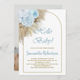 Blue Pampas Grass Boho Boy Baby Shower Photo Invitation