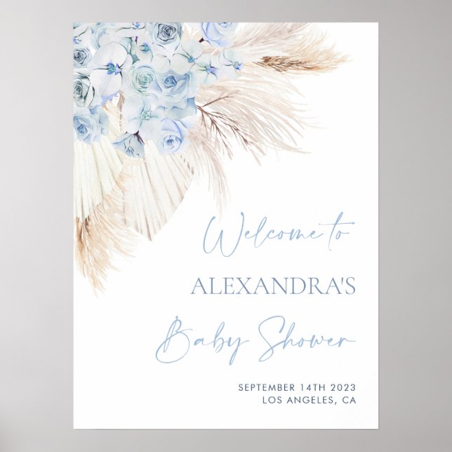 Blue Pampas Grass Boy Baby Shower Welcome Sign (Front)
