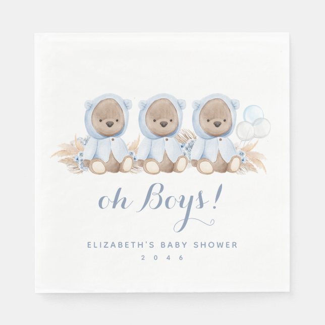 Blue Pampas Grass Triplet Bear Baby Shower Napkins (Front)