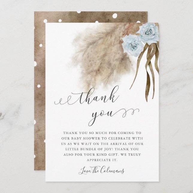 Blue Pampas Grass Watercolor Baby Shower   Thank You Card (Front/Back)