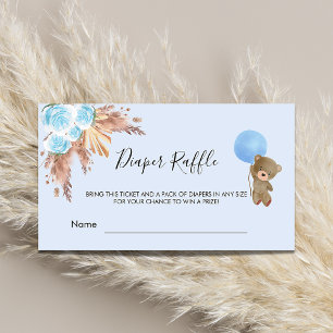 Blue pampas teddy baby shower diaper raffle ticket enclosure card