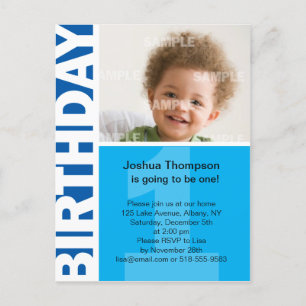 Blue Panel 1st Birthday Invitation Postcard