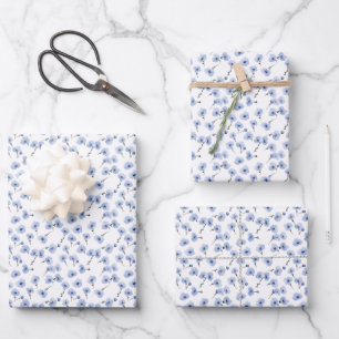Blue Pansies on White Wrapping Paper Sheet