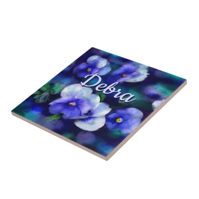 Blue Pansies Pansy Flower Floral Personalised Ceramic Tile (Side)