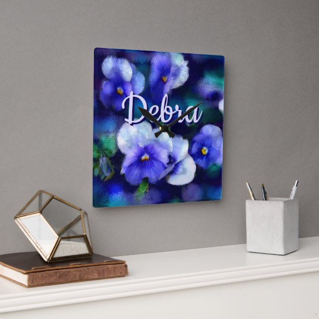 Blue Pansies Pansy Flower Floral Personalised Square Wall Clock (Office)