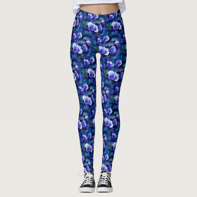 Blue Pansies Pansy Flower Floral Teal 'Love' Leggings (Front)