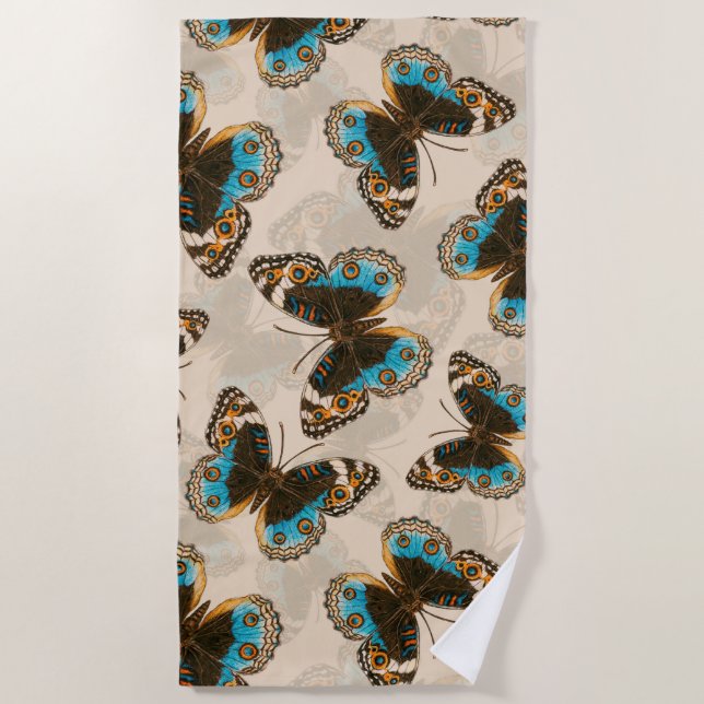 Blue Pansy Butterfly pattern on off white Beach Towel (Front)