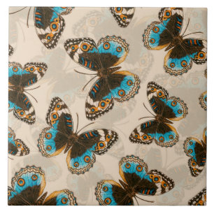 Blue Pansy Butterfly pattern on off white Ceramic Tile