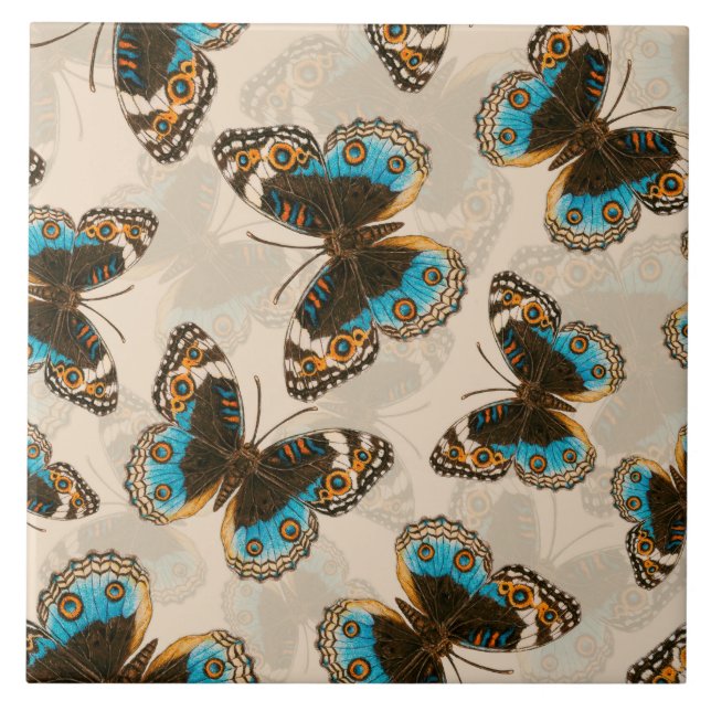 Blue Pansy Butterfly pattern on off white Ceramic Tile (Front)
