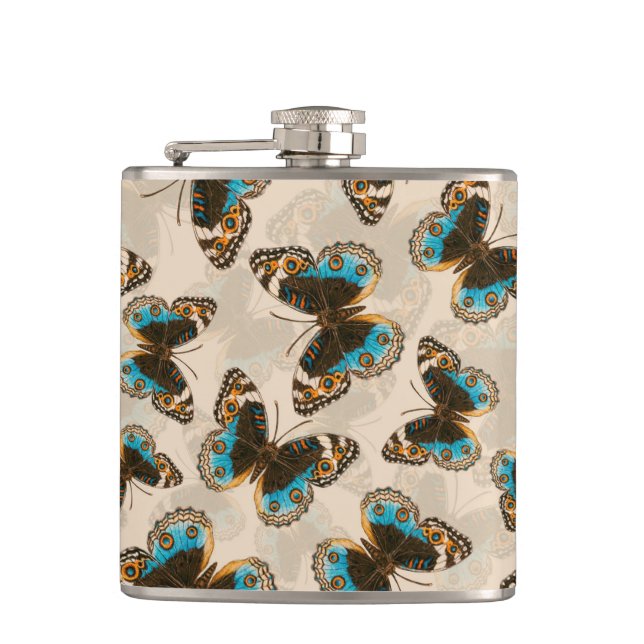 Blue Pansy Butterfly pattern on off white Hip Flask (Front)