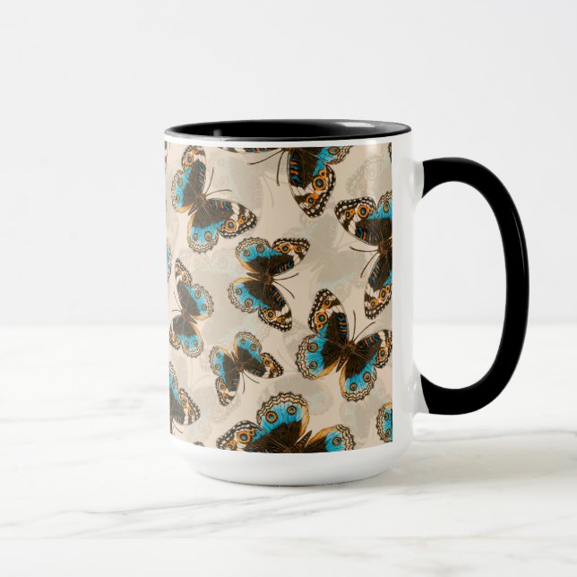 Blue Pansy Butterfly pattern on off white Mug (Right)