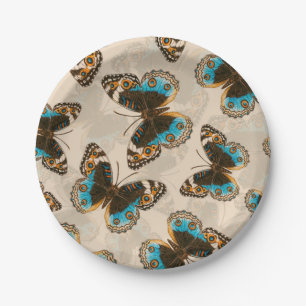 Blue Pansy Butterfly pattern on off white Paper Plate