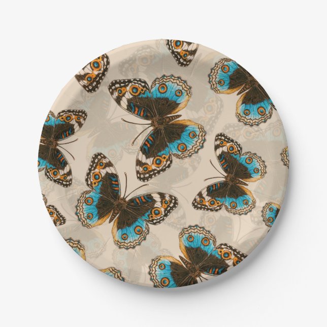 Blue Pansy Butterfly pattern on off white Paper Plate (Front)