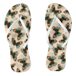 Blue Pansy Butterfly pattern on off white Thongs