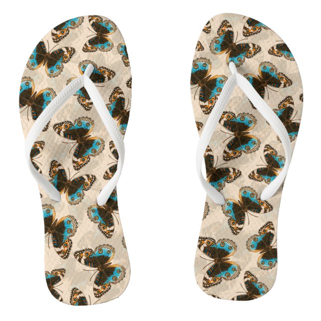 Blue Pansy Butterfly pattern on off white Thongs (Footbed)