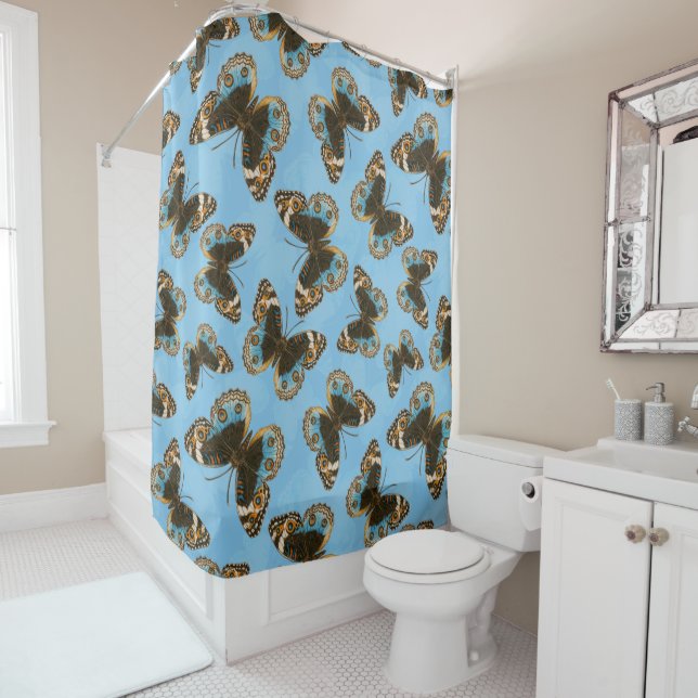 Blue Pansy Butterfly pattern Shower Curtain (In Situ)