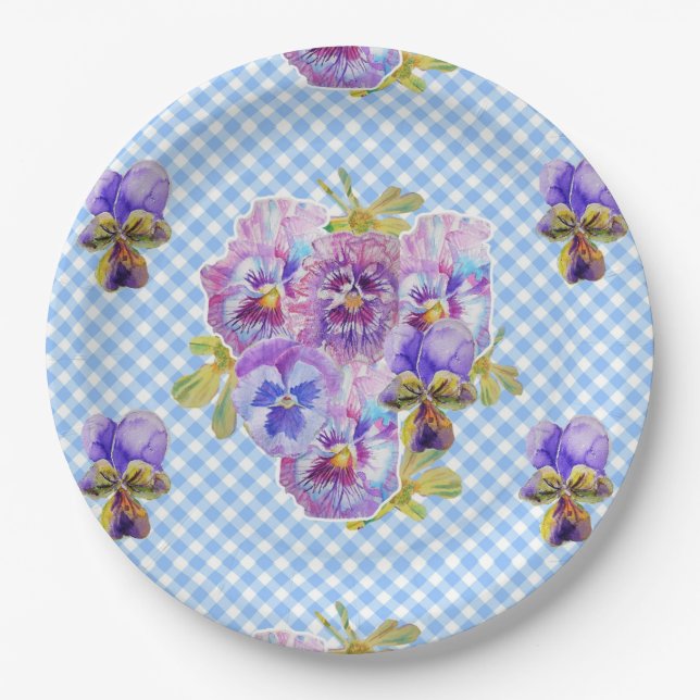 Blue Pansy check Flowers Pattern Paper Party Plate (Front)