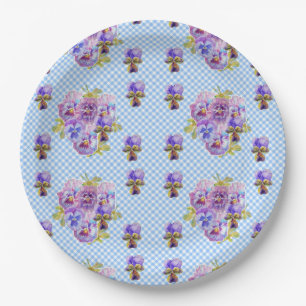 Blue Pansy check Flowers Pattern Paper Party Plate