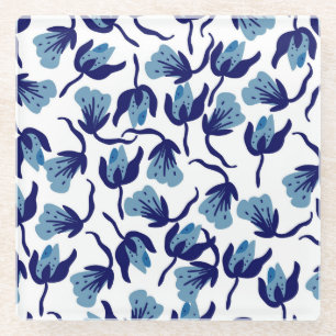 Blue Pansy Floral: Hand-Drawn Seamless. Glass Coaster