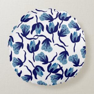 Blue Pansy Floral: Hand-Drawn Seamless. Round Cushion