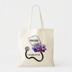 Blue Pansy Floral Stethoscope Nurse Tote Bag