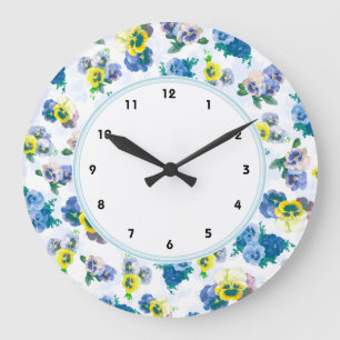 Blue Pansy Flowers floral pattern Large Clock