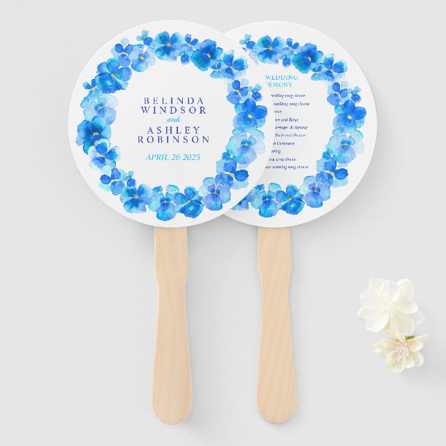 Blue pansy watercolor wedding program fans (Front and Back)