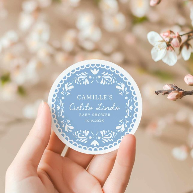 Blue Papel Picado Boy Baby Shower Classic Round Sticker (Blue Cielito Lindo Round Sticker)