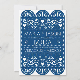 Blue Papel Picado Folk Art Spanish Wedding Invitation