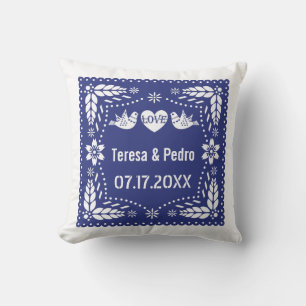 Blue papel picado love birds wedding fiesta cushion
