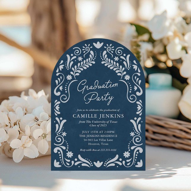 Blue Papel Picado Photo Graduation Invitation (Blue Arch Graduation Party Photo Invitation)