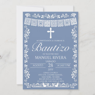 Blue Papel Picado Spanish Bautizo Invitation