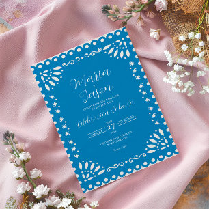 Blue Papel Picado Traditional Boda Spanish Wedding Invitation
