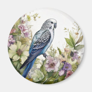 Blue Parakeet and Flowers Magnet