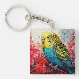 Blue Parakeet with Flowers Key Ring
