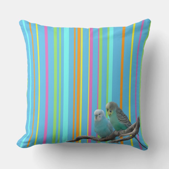 Blue Parakeets Stripes Pattern Cust. Throw Pillow (Front)