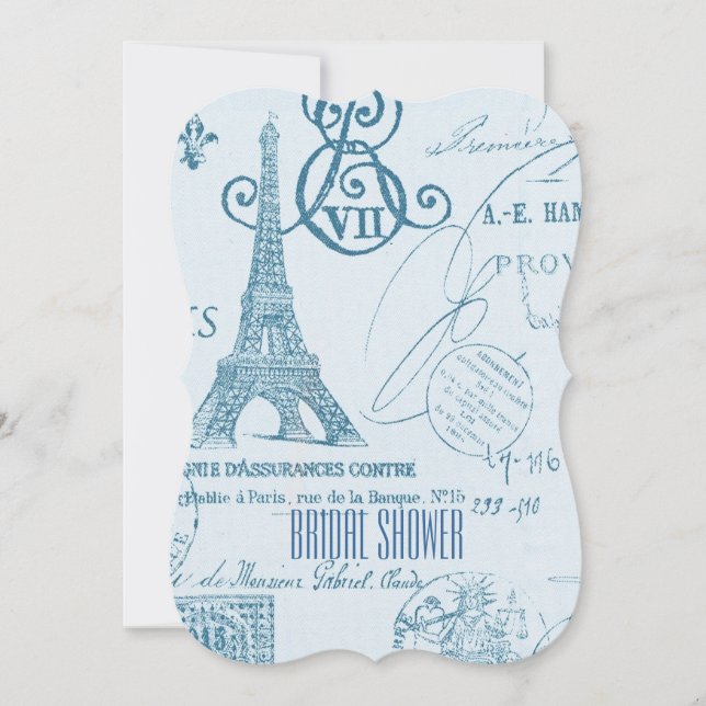 blue paris eiffel tower vintage bridal shower invitation (Front)