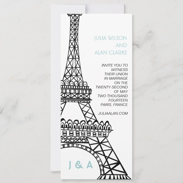 Blue Parisian Wedding Invitation Eiffel Tower (Front)