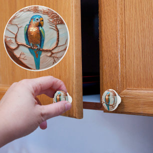 Blue Parrot on Copper Branch Ceramic Knob