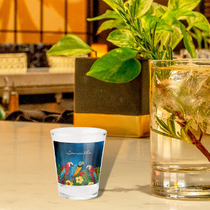 Blue parrots birds leaves name shot glass