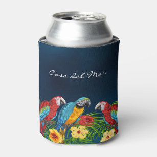 Blue parrots birds leaves summer house name can cooler