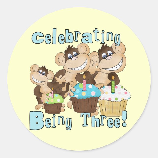 Blue Party Monkeys 3rd Birthday T-shirts and Gifts Classic Round Sticker (Front)
