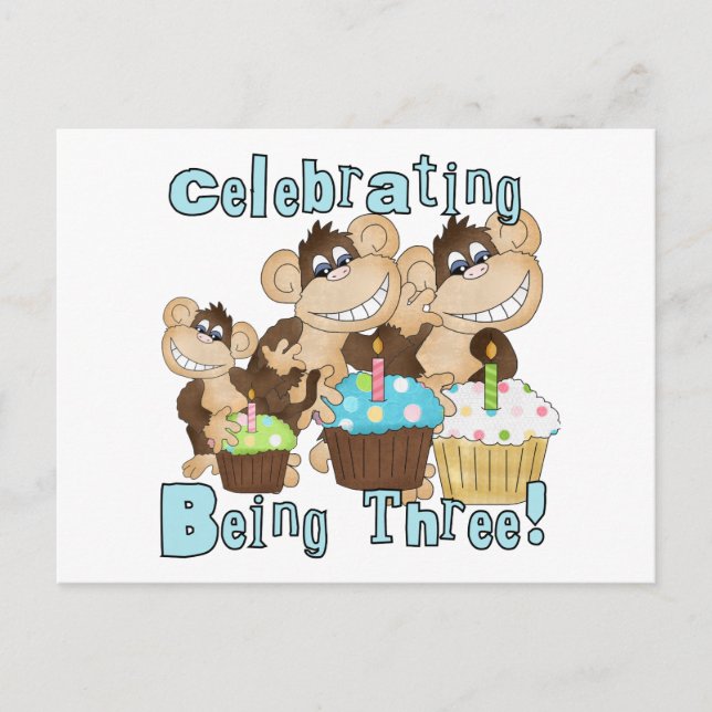Blue Party Monkeys 3rd Birthday T-shirts and Gifts Invitation Postcard (Front)