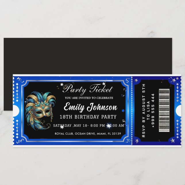  blue party ticket invitations  (Front/Back)