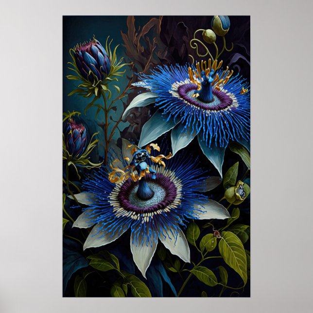 Blue Passion Flower Art Print Poster (Front)