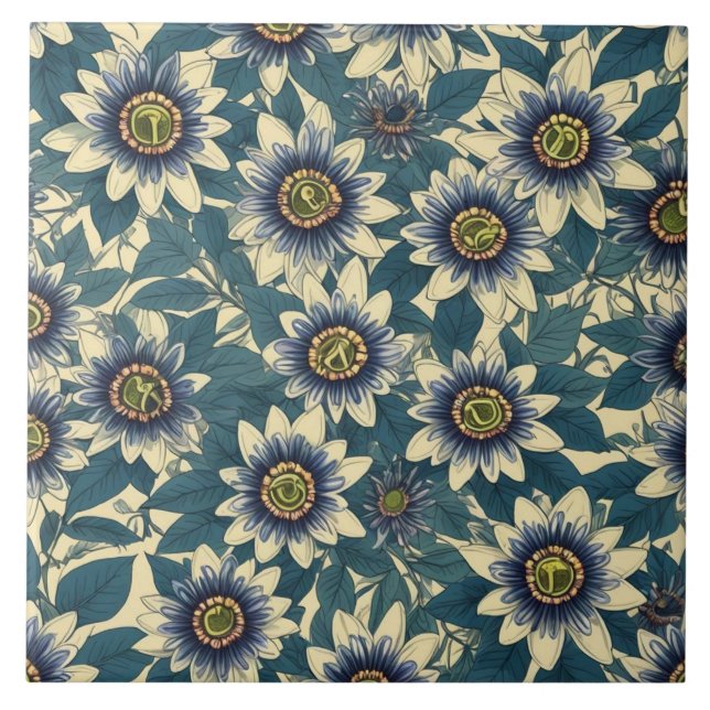 Blue Passion Flower pattern Ceramic Tile (Front)