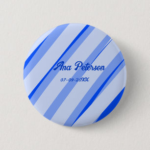 Blue pastel add name date boho retro lines pattern 6 cm round badge