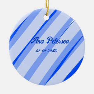 Blue pastel add name date boho retro lines pattern ceramic ornament