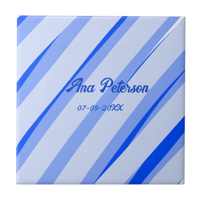 Blue pastel add name date boho retro lines pattern ceramic tile (Front)