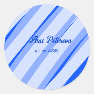 Blue pastel add name date boho retro lines pattern classic round sticker